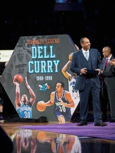 Former Charlotte Hornets player and current TV analyst Dell Curry was honored at half-time of the game against the Golden State Warriors at Time Warner Cable Arena on Thursday in Charlotte, North Carolina. AFP PHOTO