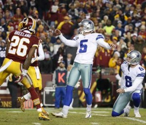 Kicker Dan Bailey No.5 of the Dallas Cowboys kicks a fourth quarter field goal against the Washington Redskins at FedExField on Tuesday in Landover, Maryland. AFP PHOTO