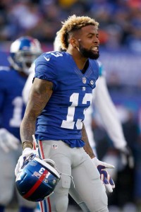 Odell Beckham of the New York Giants reacts after a scuffle in the first quarter against the Carolina Panthers during their game at MetLife Stadium in East Rutherford, New Jersey. AFP PHOTO