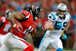 Julio Jones No.11 of the Atlanta Falcons runs after a catch during the first half against the Carolina Panthers at the Georgia Dome on Monday in Atlanta, Georgia. AFP PHOTO