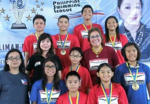 The record-breakers in the 87th Philippine Swimming League (PSL) National Series - 8th Sen. Nikki Coseteng Swimming Championship pose with PSL President Susan Papa, Secretary General Maria Susan Benasa and Region V Director/Board Member Ma. Teresa Mahiwo. CONTRIBUTED PHOTO