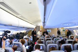 SUCCESSFUL VISIT TO AFRICA Pope Francis gives a press conference during his flight from Bangui to Rome on November 30. Pope Francis arrived as “a pilgrim of peace” in conflict-ridden Central African Republic on November 29, after first visiting Kenya and Uganda. AFP PHOTO