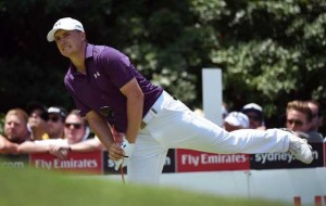 Jordan Spieth of the US reacts to a wayward tee shot on the way to finishing in a tie for second place in the Australian Open golf tournament in Sydney on November 29, 2015. AFP PHOTO