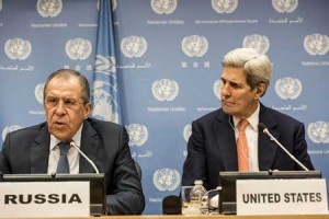 IMPROVED PROSPECTS FOR SYRIA TALKS  Foreign Minister of Russia Sergey Lavrov and US Secretary of State John Kerry speak at a news conference after a United Nations Security Council meeting on Syria at the United Nations in New York on December 18. 20 nations from around the world gathered to discuss the ongoing conflict. AFP PHOTO