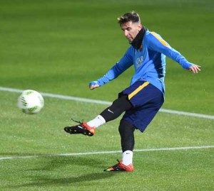 Spain’s FC Barcelona forward Lionel Messi attends a football practice session in Yokohama, a suburb of Tokyo, on Monday. AFP PHOTO