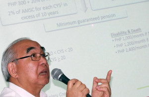 BURNING ISSUE SSS president Emilio de Quiros explains to media how a P2,000 pension hike will deplete funds. RUY MARTINEZ 