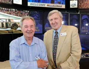 Ken Squier (left) and Barney Hall (right) pose during Voting Day at the NASCAR Hall of Fame on May 23, 2012 in Charlotte, North Carolina after the broadcasting legends were announced as the inaugural winners of the Squier-Hall Award for NASCAR Media Excellence. NASCAR.COM