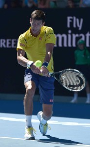 Serbia’s Novak Djokovic plays a backhand return during his men’s singles match against South Korea’s Chung Hyeon on day one of the 2016 Australian Open tennis tournament in Melbourne on Monday. AFP PHOTO 