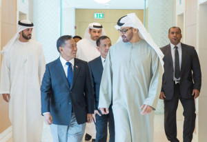 ABU DHABI VISIT Vice President Jejomar Binay talks with Sheikh Mohamed bin Zayed Al Nahyan, Crown Prince of Abu Dhabi and Deputy Supreme Commander of the Armed Forces, during a courtesy call at Al Mamoura in Abu Dhabi. The two officials discussed the welfare of Filipino workers. CONTRIBUTED PHOTO 