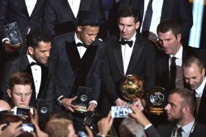 Brazil and FC Barcelona defender Dani Alves, Brazil and FC Barcelona forward Neymar, Argentina and FC Barcelona forward Lionel Messi, FC Barcelona technical director Robert Fernandez and Spain and FC Barcelona midfielder Andres Iniesta pose at the end of the 2015 FIFA Ballon d’Or award ceremony at the Kongresshaus in Zurich on Tuesday. AFP PHOTO