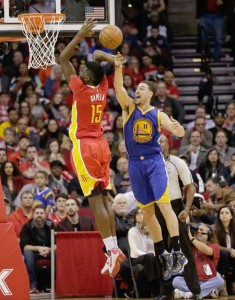 CAPELA CANCELLED Klay Thompson No.11 of the Golden State Warriors blocks the shot attempt of Clint Capela No.15 of the Houston Rockets in the second half at Toyota Center on Friday, Texas. AFP