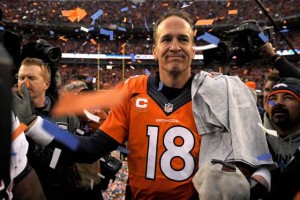 Peyton Manning No.18 of the Denver Broncos walks off the field after defeating the New England Patriots in the AFC Championship game at Sports Authority Field at Mile High on January 24, 2016 in Denver, Colorado. AFP PHOTO