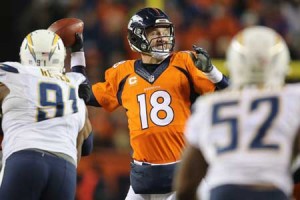 Quarterback Peyton Manning No.18 of the Denver Broncos delivers a pass against the San Diego Chargers at Sports Authority Field at Mile High on Monday in Denver, Colorado. AFP PHOTO