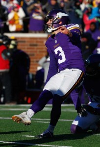 Blair Walsh No.3 of the Minnesota Vikings misses a 27-yard field goal in the fourth quarter against the Seattle Seahawks during the NFC Wild Card Playoff game at TCFBank Stadium on Monday in Minneapolis, Minnesota. AFP PHOTO