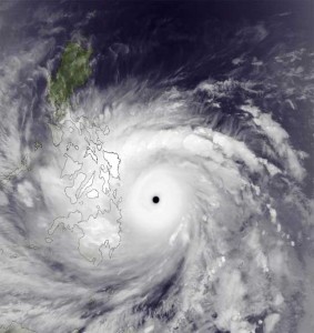 Satellite photo of Typhoon Yolanda: According to the Intergovernmental Panel on Climate Change 2007 Fourth Assessment Report (AR4) human influences have “more likely than not increased risk of heat waves, area affected by drought since the 1970s and frequency of heavy precipitation events...” (IPCC, 2007). PHOTO FROM NASA