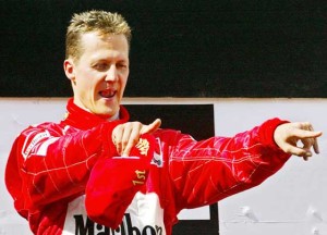 German Ferrari driver Michael Schumacher jubilating on the podium of the Spielberg racetrack, on May 18, 2003, after winning the Austrian Formula One Grand Prix. AFP FILE PHOTO