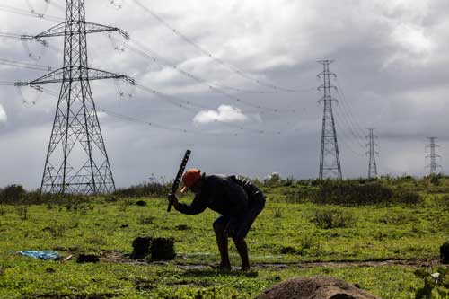 A worker harvests Carabao grass through “Sudsud” at an open field near the power transmission lines in Lumban, Laguna. “Sudsud” is one of the mayor sources of income in the area, but residents need to come up with 120 sets of Carabao grass to earn a living for a day. A set of six slabs of grass sells at P6 each. PHOTO BY DJ DIOSINA