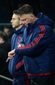 Manchester United’s Dutch manager Louis van Gaal checks his watch ahead of the English Premier League football match between Newcastle United and Manchester United at St James’ Park in Newcastle-upon-Tyne, north east England on Wednesday. AFP PHOTO