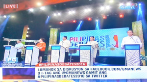 FACE-TO-FACE A TV grab from GMA 7 shows Vice President Jejomar Binay, Sen. Miriam Defensor-Santiago, Davao City Mayor Rodrigo Duterte, Sen. Grace Poe, and LP standard- bearer Manuel Roxas 2nd at the first presidential debate held at Cagayan de Oro City’s Capitol University on Sunday