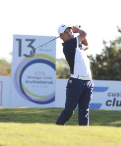 Miguel Tabuena (left) hits his tee shot on the par-3 13th. CONTRIBUTED PHOTO