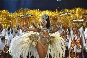 THE FUN BEGINS  Revelers of the Rosas de Ouro samba school perform during the first night of the carnival parade at the Sambadrome in Sao Paulo, Brazil, on Saturday. AFP PHOTO