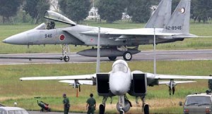 ‘FIRST LINE OF DEFENSE’  F-15 Eagle fighter jets of the Japan Self-Defense Forces are seen at an air base in this file photo. Japan has deployed an additional 20 F-15s to Okinawa in response to tensions with China over disputed islands in the East China Sea. AFP PHOTO