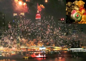 YEAR OF THE MONKEY  Fireworks burst over the New York skyline, the Empire State Building lit in red and gold, in honor of the Chinese Lunar New Year, as seen from Weehawken, New Jersey, on February 6. [Inset] Monkey figurines at a shop selling ornaments and decorations are displayed ahead of celebrations in the Chinatown district in Manila on February 5. Millions of Chinese around the world will welcome the Year of the Monkey, on the eve of February 8. AFP PHOTOS