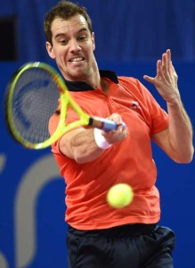 France’s Richard Gasquet returns the ball to France’s Paul-Henri Mathieu during the final tennis match at the ATP World Tour Open Sud de France in Montpellier, southern France, on Monday. AFP PHOTO