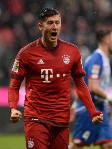 Bayern Munich’s Polish striker Robert Lewandowski celebrates the 1:0 during the German first division Bundesliga football match of FC Bayern Munich vs TSG 1899 Hoffenheim in Munich, southern Germany, on Monday.