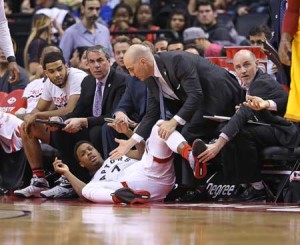 Kyle Lowry No.7 of the Toronto Raptors looks for a foul against J.R. Smith No.5 of the Cleveland Cavaliers during an NBA game at the Air Canada Center on Saturday in Toronto, Ontario, Canada. AFP PHOTO