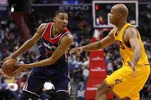 Otto Porter Jr. No.22 of the Washington Wizards looks to pass in front of Richard Jefferson No.24 of the Cleveland Cavaliers during the second half at Verizon Center on Monday in Washington, DC. AFP PHOTO