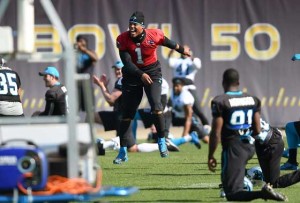 Quarterback Cam Newton No.1 of the Carolina Panthers dances to music while his teammates stretches during practice prior to Super Bowl 50 at San Jose State University on Saturday in San Jose, California. AFP PHOTO