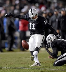 Sebastian Janikowski No.11 of the Oakland Raiders kicks the go ahead field goal in overtime against the San Diego Chargers at O.co Coliseum on December 24, 2015 in Oakland, California. AFP PHOTO