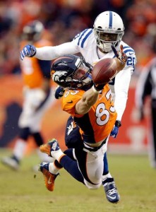 Wes Welker No.83 of the Denver Broncos attempts to make a catch as Darius Butler No.20 of the Indianapolis Colts defends during a 2015 AFC Divisional Playoff game at Sports Authority Field at Mile High on January 11, 2015 in Denver, Colorado. AFP PHOTO