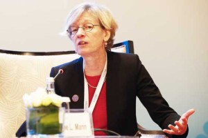 Organization for Economic Co-operation and Development chief economist Catherine Mann answers audience questions during a session of the G20 High-level Seminar on Structural Reform, preceeding the G20 Finance Ministers and Central bank Governors Meeting in Shanghai on Friday.  AFP PHOTO