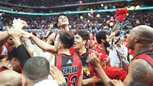 The San Miguel Beermen revel after their historic PBA Philippine Cup Game 7 victory against the Alaska Aces at The Mall Of Asia Arena in Pasay City on Wednesday. PHOTO BY CZEASAR DANCEL 