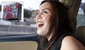 A cell phone shot of Cheska Garcia-Kramer when she saw husband Doug’s 40 by 60-feet Valentine’s surprise for her along C5 Pasig City (inset)