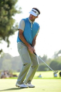 Bubba Watson reacts to a putt on the 18th hole during the final round of the Northern Trust Open at Riviera Country Club on Monday in Pacific Palisades, California. AFP PHOTO