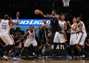 Nets guard Joe Johnson gets a pass off against the Oklahoma City Thunder at the Barclays Center in Brooklyn. AFP FILE PHOTO