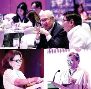 The Manila Times’ Chairman of the Board, Dante Arevalo Ang (above) exchanges notes with BSP Governor Amando Tetangco Jr.; The Times’ Publisher Rene Bas (below right) prays for the success of the forum while The Times’ Editor-in-Chief Nerilyn Tenorio (below left) serves as the master of ceremonies. PHOTOS BY RUSSEL PALMA