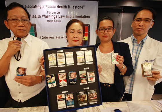 The Philippines’ Global Cancer ambassador Emer Roxas (left) and Ang Nars party-list Rep. Leah Paquiz (center) join health groups in urging tobacco companies to put graphic warnings on cigarette packs in compliance with the new law. PHOTO BY RUY L. MARTINEZ 