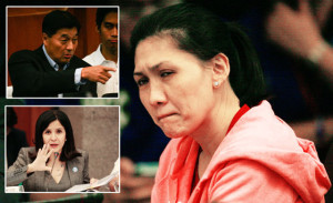 MYSTERY DEEPENS William So Go testifies on the second day of the Senate inquiry into the laundering of stolen money. RCBC Jupiter Branch bank manager Maia Deguito listen to the proceedings on Thursday. At left is Maria Celia Fernandez-Estavillo, head of RCBC’s legal department. 