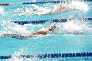 Philippine junior record holder Jerard Dominic Jacinto of University of the East during the final stretch of the boys’ 14-year 100- meter backstroke event of the 93rd Philippine Swimming League (PSL) National Series - 2nd Mayor Romulo “Kid” Pena Swim Meet at the Makati Aquatic Sports Arena in Makati City.  CONTRIBUTED PHOTO 