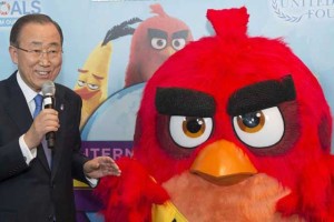 UN Secretary-General Ban Ki-moon presents Angry Bird Red as honorary ambassador at the New York headquarters