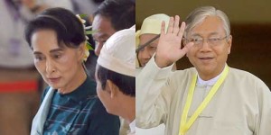 Naypyidaw, Myanmar : Htin Kyaw, newly elected president of Myanmar and member of the National League for Democracy (NLD) party, leaves after a parliament session in Naypyidaw on March 15, 2016. Myanmar’s lawmakers on March 15 elected Htin Kyaw, a close aide and longtime friend of Aung San Suu Kyi (left) to become the country’s first civilian president in decades, a historic moment for the formerly junta-run nation. AFP PHOTO