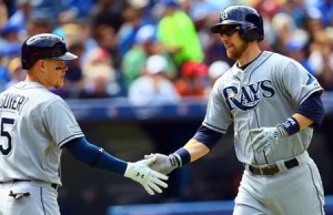 Brandon Guyer No.5 and Ben Zobrist No.18 of the Tampa Bay Rays celebrate Zobrist’s home run in the third inning against the Toronto Blue Jays during MLB action at the Rogers Center September 14, 2014 in Toronto, Ontario, Canada. AFP FILE PHOTO