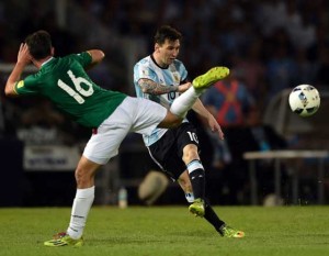 Argentina’s Lionel Messi (right) vies for the ball with Bolivia’s Fernando Saucedo during their Russia 2018 FIFA World Cup South American Qualifiers’ football match in Cordoba, Argentina, on Wednesday. AFP PHOTO