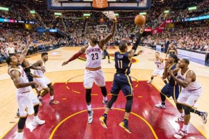 Monta Ellis No.11 of the Indiana Pacers shoots over LeBron James No.23 of the Cleveland Cavaliers during the third quarter at Quicken Loans Arena on February 29, 2016 in Cleveland, Ohio. AFP PHOTO