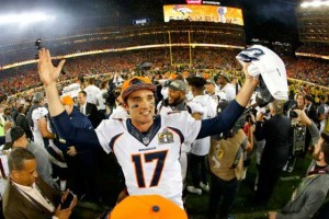 Brock Osweiler No.17 of the Denver Broncos celebrates after winning Super Bowl 50 at Levi’s Stadium on February 7, 2016 in Santa Clara, California. AFP PHOTO