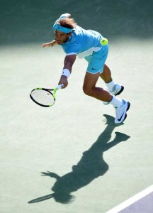 Rafael Nadal of Spain stretches for a backhand during his straight set victory over Fernando Verdasco of Spain at Indian Wells Tennis Garden on Wednesday in Indian Wells, California. AFP PHOTO